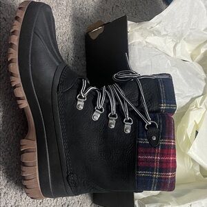 J. Crew Black Boots with Red Plaid Accent